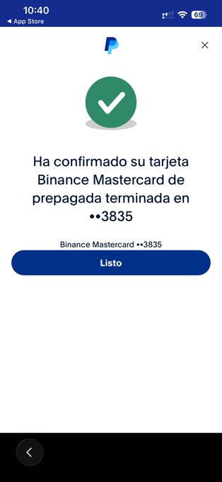 PayPal shows that a Binance Mastercard prepaid card ending in **3835** has been confirmed. This confirms the user successfully linked the card to their PayPal account.