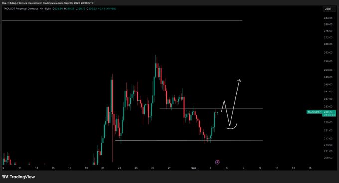 A 4-hour TradingView chart of TAOUSDT Perpetual Contract on Bybit shows the price hovering around $233.58 with a hand-drawn white annotation illustrating a bearish rejection near resistance followed by a downward pullback toward support near $217, aligning with the post's advice to wait for a pullback after rejection.