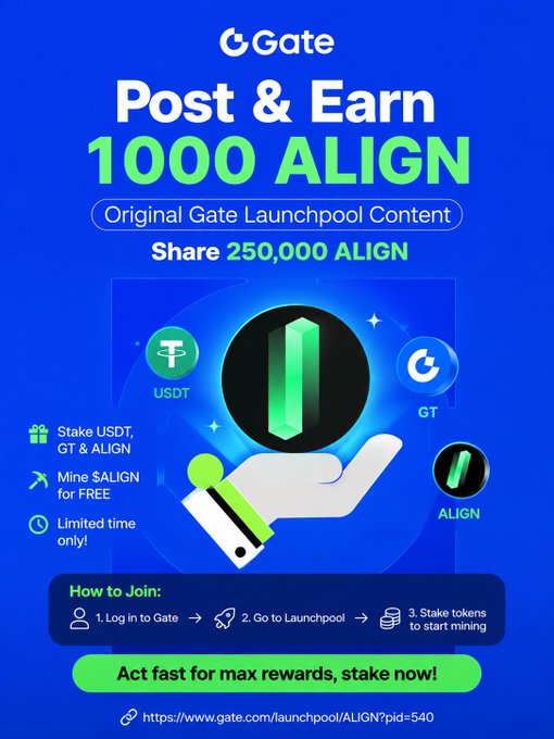 A Gate cryptocurrency promotional graphic advertises 'Post & Earn 1000 ALIGN' through their Launchpool, featuring USDT, GT, and ALIGN tokens with instructions on how to join.