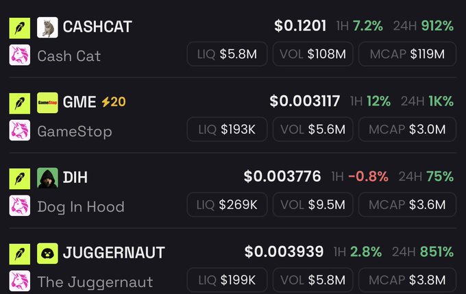 A cryptocurrency price tracker showing four meme coins: CASHCAT ($0.1201, +7.2% 1H, +912% 24H), GME ($0.003117, +12% 1H, +1K% 24H), DIH/Dog In Hood ($0.003776, -0.8% 1H, +75% 24H), and JUGGERNAUT ($0.003939, +2.8% 1H, +851% 24H).