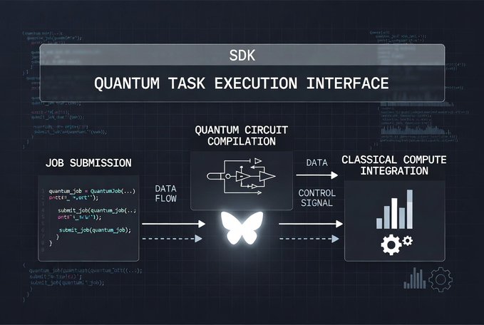 The image shows an infographic graphic designed for learning purposes. It presents a concept behind Quantum Task Execution Interface (QTKE) and Quantum Computation. The visual representation of this interface demonstrates the integration of quantum computing into other digital platforms, such as mobile and desktop applications. This technology allows users to seamlessly incorporate QTE into their projects, providing an innovative solution for complex problems in various industries including finance, healthcare, and data analysis.