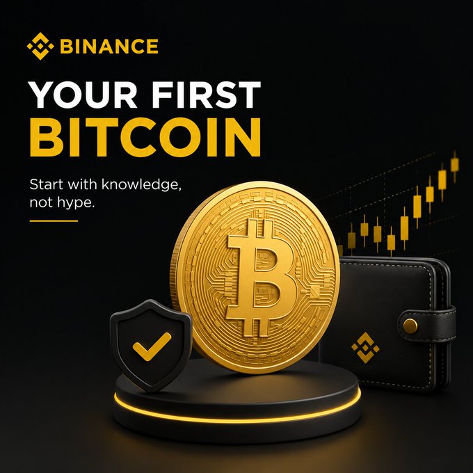 A Binance promotional graphic featuring a large gold Bitcoin coin on a pedestal alongside a security shield and black wallet, with the Binance logo, a candlestick chart, and text reading "YOUR FIRST BITCOIN - Start with knowledge, not hype."

The image visually reinforces the post's cautious message about first-time Bitcoin purchases, pairing symbols of security (shield), storage (wallet), and market volatility (candlestick chart) with the advice to prioritize understanding over hype before buying.