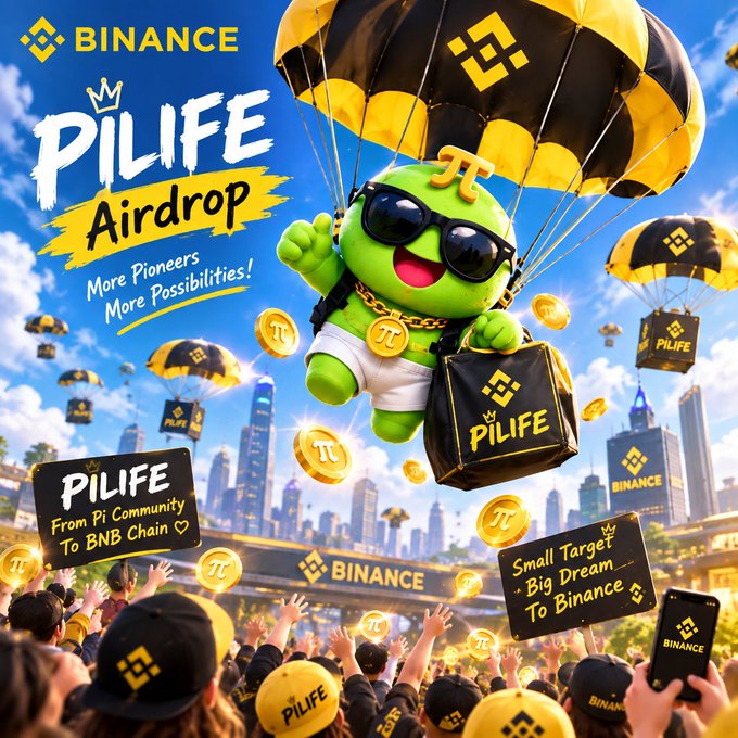 A Binance promotional graphic for the "PiLife Airdrop" featuring a green cartoon character parachuting with coins and a "PiLife" branded bag, with banners reading "More Pioneers, More Possibilities!", "PiLife From Pi Community To BNB Chain", and "Small Target Big Dream To Binance".