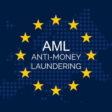 The image features a blue background with yellow stars arranged around a circular shape that reads "AML Anti-Money Laundering". The text "AML Anti-Money Laundering" is written in white letters, while the words "massive" and "crackdown" are also visible. The post discusses a cash ban of €10,000 and a €1,000 KYC threshold for cryptocurrency exchanges. It emphasizes that all exchanges must verify users' identities above this amount to comply with AML regulations.