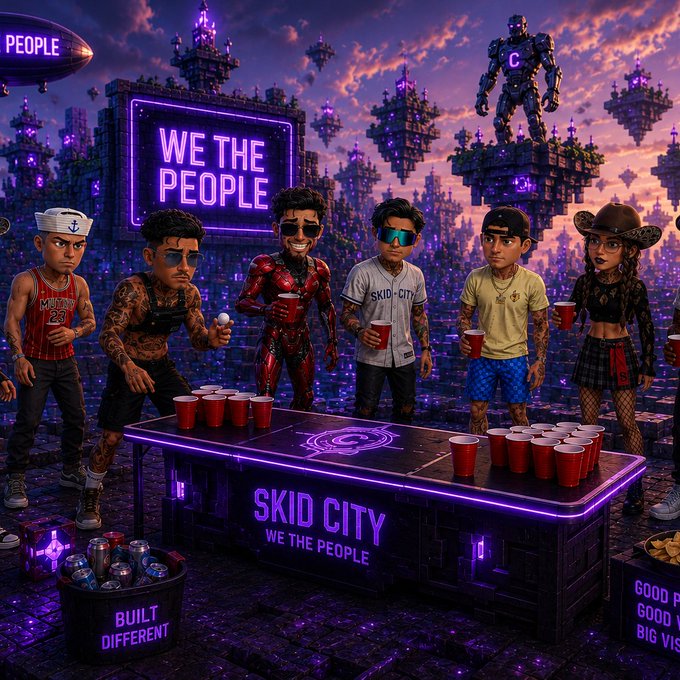 Stylized 3D render of six characters at a neon-lit "SKID CITY - WE THE PEOPLE" beer pong table with red cups, featuring signs reading "PEOPLE" and "BUILT DIFFERENT" in a futuristic cityscape.