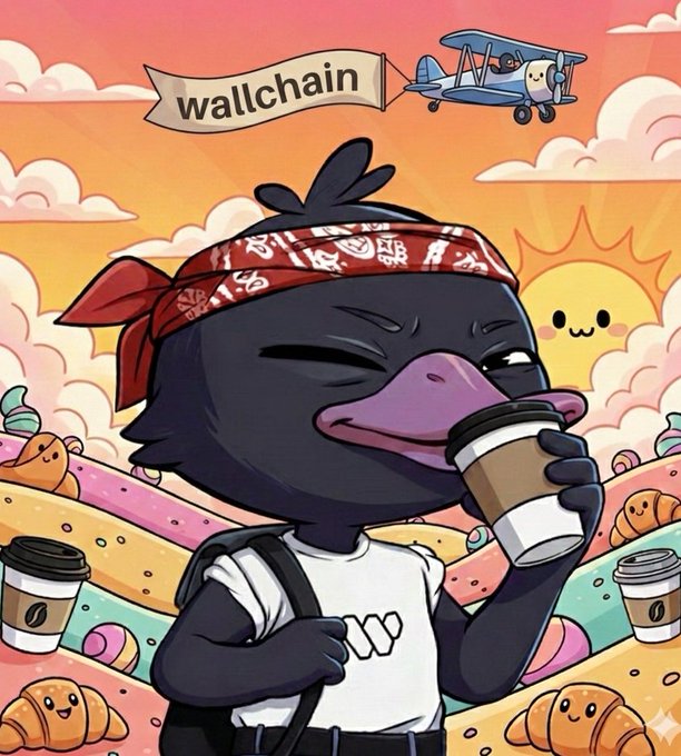 urn of coffee, cartoon bird with red bandana and white headband, cartoon bird with yellow beak, cartoon bird with blue wings, cartoon bird with orange beak, cartoon bird with pink beak, cartoon bird with brown feathers, cartoon bird with green leaves, cartoon bird with purple flowers, cartoon bird with a backpack.