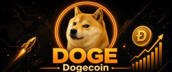 A promotional graphic for Dogecoin featuring the iconic Shiba Inu dog, the text 'DOGE Dogecoin', a rocket, and a rising price chart.