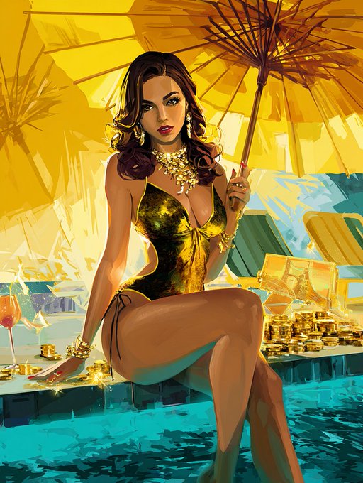A digital illustration depicts a glamorous woman in a gold swimsuit seated beside a turquoise pool, surrounded by stacks of gold coins and champagne glasses beneath a vibrant yellow parasol. The opulent imagery of wealth and luxury aligns with the post's "✦ Luxury ✦" theme, promoting an NFT artwork titled "GE" for sale on the Objkt marketplace for 40 tez.