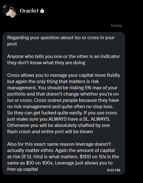 A Discord message from user 'Oracle' providing crypto trading advice about isolated vs. cross margin, emphasizing risk management with stop losses and that leverage amount (not multiple) matters.