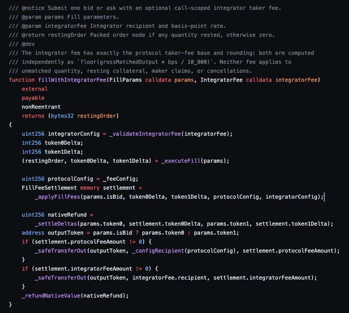 A code snippet displaying a Solidity smart contract function named 'fillWithIntegratorFee' with NatSpec comments explaining it handles one bid or ask with an optional call-scoped integrator taker fee.
