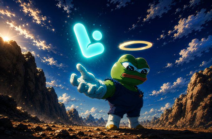 A 3D-rendered cartoonish green character with a halo points upward beneath a glowing cyan symbol, set against a dramatic mountainous sky.