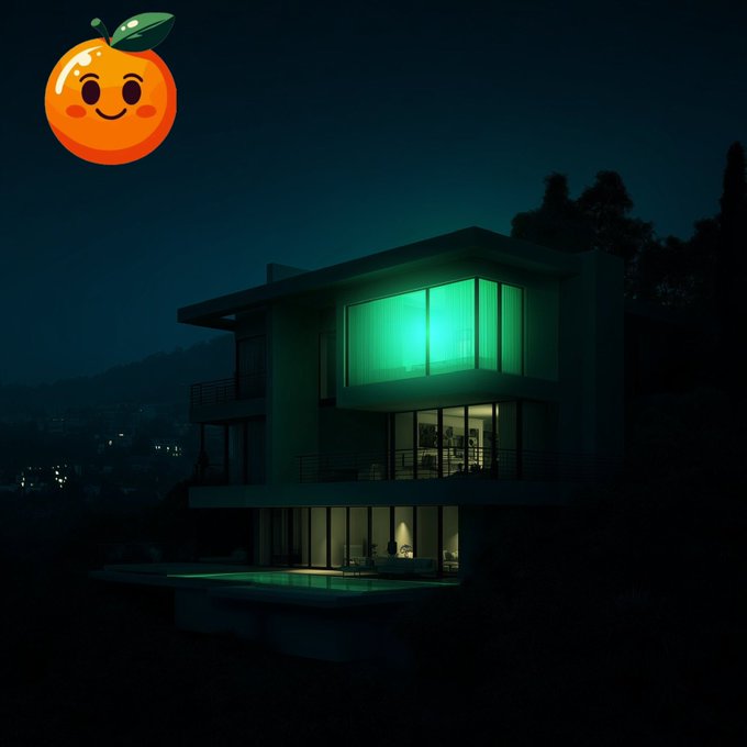 The image features a large, modern house with a pool outside of its windows. A small orange cartoon character is sitting by the pool, adding a playful touch to the scene. The house appears to be lit up at night, creating an inviting atmosphere for relaxation or entertainment.