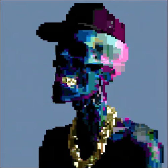 A pixel art portrait of a character wearing a dark cap and black clothing, adorned with gold chains, with glitchy multicolored pixels (pink, blue, green) distorting the face against a gray background.