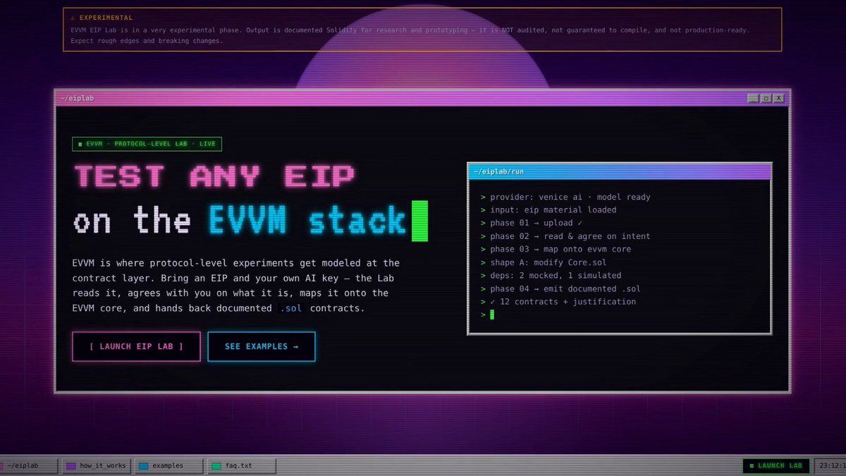 The image shows a computer screen displaying a webpage with text that reads "Test Any EIP on the EVM Stack I". The background of the image features a purple and pink gradient, giving it an artistic touch. The website appears to be related to testing or experimenting with EVM stack protocols, possibly for educational purposes or as part of a research project.