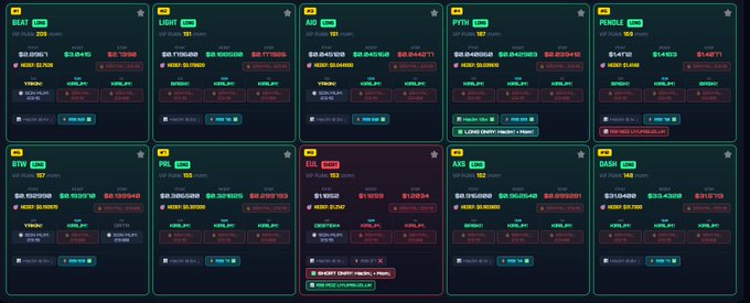 A dashboard displaying ten cryptocurrency tickers including SEAT, LIGHT, ARC, PITH, PENDLE, BTN, P, SDEX, AXS, and BASE, each showing price, market cap, and labeled signals like 'KEEP', 'DOWN', or 'STRONG'.