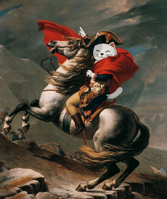 A humorous edit of the classical painting 'Napoleon Crossing the Alps' by Jacques-Louis David, where Napoleon's head has been replaced with a smiling white cat meme face.