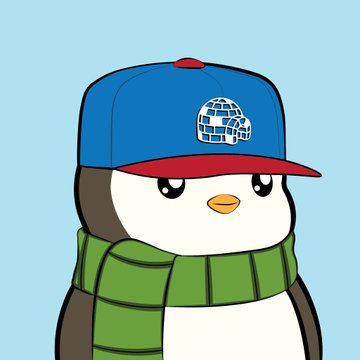 A cartoon penguin wearing a blue and red baseball cap with an igloo logo and a green striped scarf, set against a light blue background.