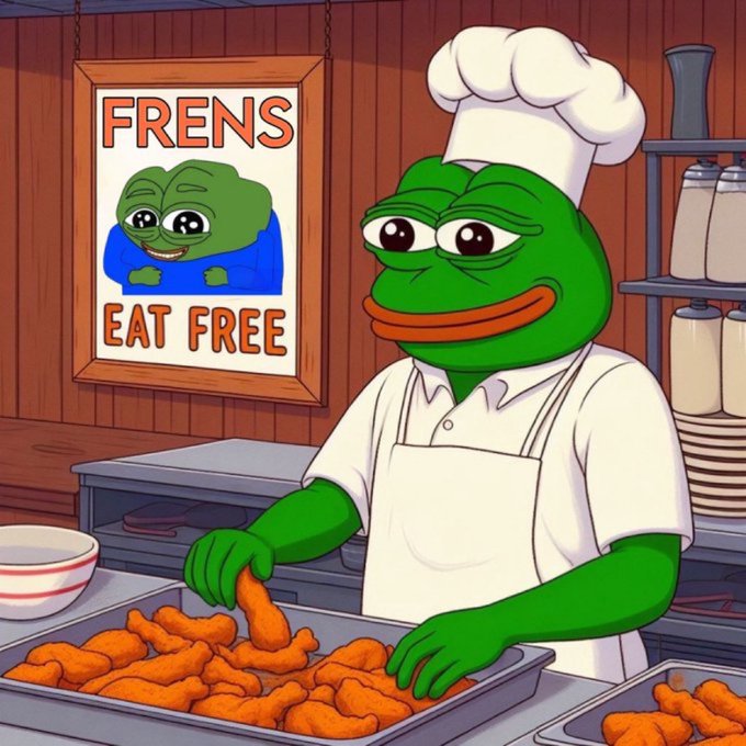 A cartoon image of a Pepe the Frog character dressed as a chef in a white hat and apron, cooking fried chicken in a kitchen, with a poster on the wall reading 'FRENS EAT FREE'.