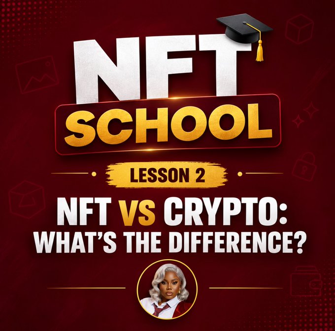 The image is a promotional graphic for "NFT School - Lesson 2: NFT vs Crypto: What's the Difference?" featuring a red background with bold white and gold typography, a graduation cap icon on the "T" in NFT, and a small portrait of a woman in academic attire at the bottom, visually reinforcing the educational post comparing NFTs to cryptocurrency.