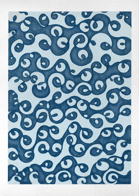 A decorative pattern featuring swirling, wave-like motifs in navy blue against a pale blue background, rendered with a textured, woodcut or block-printed aesthetic.