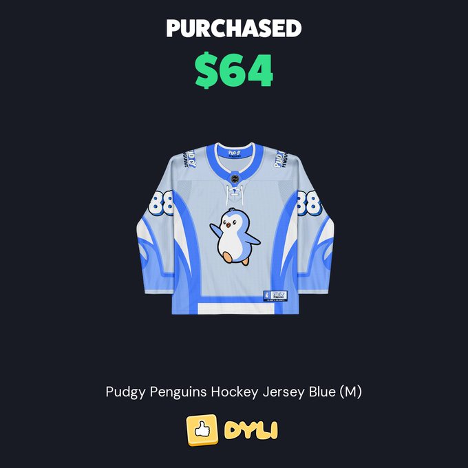 A digital receipt showing a purchased 'Pudgy Penguins Hockey Jersey Blue (M)' for $64, featuring a light blue jersey with a penguin mascot design and the OYLI branding.
