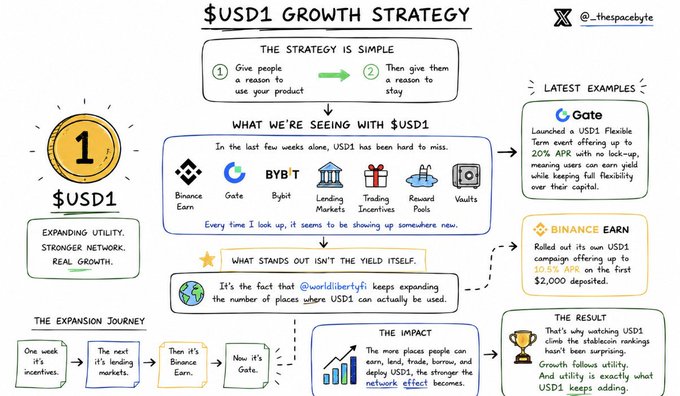 The image features a whiteboard or poster that explains the concept of a growth strategy for a cryptocurrency called "USD1". The strategy involves giving people a reason to use the currency by providing them with useful information, such as the number of users, the amount of money being invested, and the potential returns. By offering this valuable information, the user can attract more investors and increase the popularity of the currency. The image also includes various symbols related to cryptocurrency, such as Bitcoin and Binance Earn, which further emphasize the theme of the growth strategy.