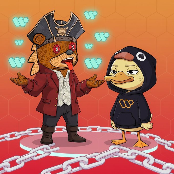 A cartoon NFT-style illustration of a pirate bear character with 'X' eyes standing next to a duck wearing a black hoodie with a 'W' logo, surrounded by floating 'W' tokens and chains.