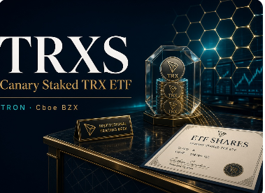 Promotional graphic for "TRXS Canary Staked TRX ETF" by "TRON - Cboe BZX", showing a gold bar, a crypto coin, and an "ETF SHARES" certificate on a desk with a digital background.