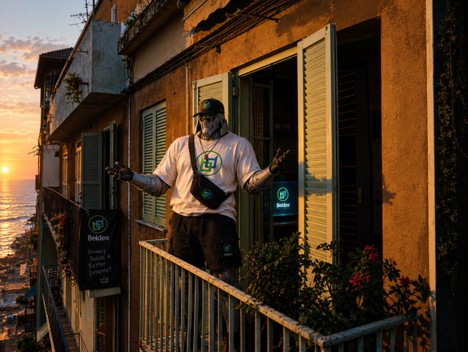 A masked figure wearing a cap and a Baldex hoodie stands on a balcony overlooking the ocean at sunset. The outfit features 'Baldex' branding with a shield logo, and a banner reads 'Baldex - Privacy made a better internet'.