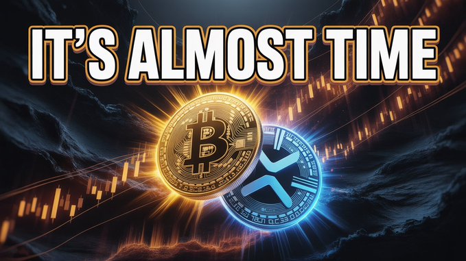 The image features a large, bright light shining over two coins - one gold and one blue - floating in space against a dark background. The text "It's Almost Time" is written above them, and there are lines of code or numbers below the coins that appear to be related to cryptocurrency trading.

The post appears to be about Ripple, an innovative cryptocurrency platform. It suggests that the coin XRP might see a huge leg up in value due to its potential impact on the crypto market. The image is accompanied by a caption that reads "GET READY: Something Major Is Happening With The Crypto Market Ripple XRP Might See A HUGE Leg Up youtu.be/Pfdpjsz0PX0".