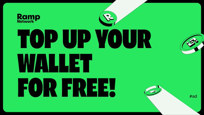 The image features an advertisement for a mobile payment system called Ramp Network. The text on the poster reads "Top up your wallet for free!" and there are three coins falling from the sky, symbolizing the money being transferred. The background of the poster is green with white lines, creating a visually appealing contrast that draws attention to the message. The post encourages users to top up their Ramp Network wallet using a bank transfer, emphasizing the convenience and benefits of this mobile payment system.