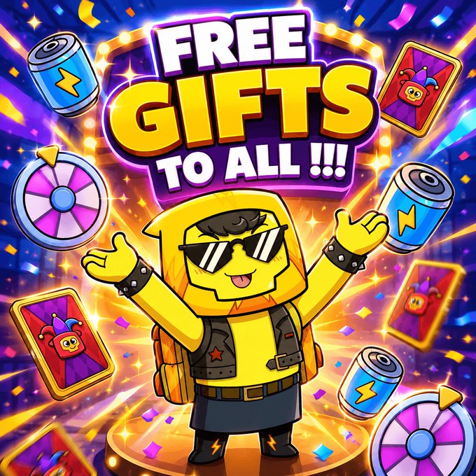 A cartoon character wearing sunglasses and a yellow star costume stands triumphantly with arms raised amid colorful confetti, energy drinks, prize wheels, and character cards, with bold text reading "FREE GIFTS TO ALL!!!" The festive, gift-filled promotional graphic ties directly to the post's question of "Who deserves a GIFT???" by advertising a free gift giveaway via the linked Boinkers URL.