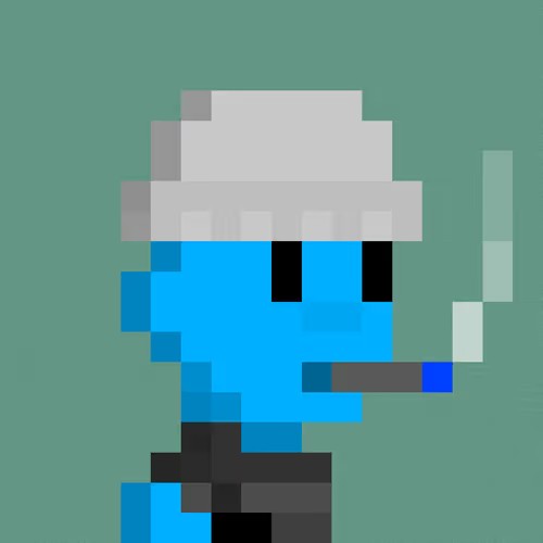 A low-resolution pixel art character with a blue body, white hard hat, black eyes, and a small blue tool or cigarette in its mouth, set against a teal background.