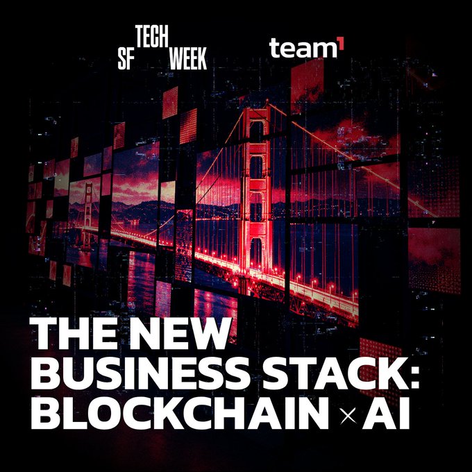An event poster for Tech SF Week and team1, themed 'The New Business Stack: Blockchain × AI,' featuring a stylized red image of the Golden Gate Bridge in San Francisco.