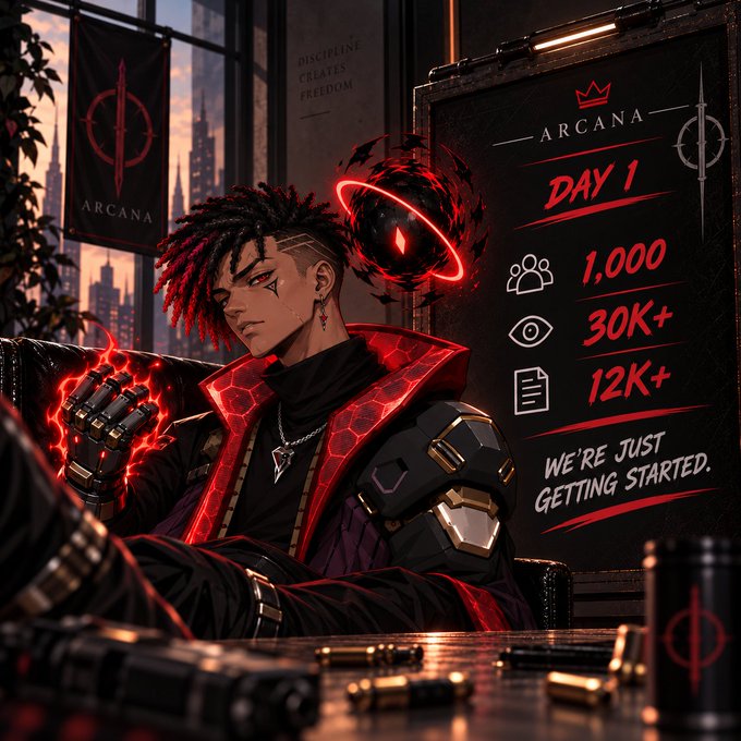 A promotional image for 'ARCANA Day 1' featuring a stylized anime character with red and black accents, showing stats: 1,000, 30K+, 12K+, and the tagline 'We're just getting started.'