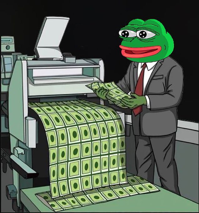 A cartoon Pepe the Frog in a business suit and tie holds a stack of cash while standing next to a money printing machine.