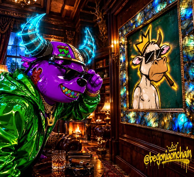 A vibrant, stylized digital artwork of a purple character with glowing blue horns wearing a green jacket, looking at a stained-glass portrait of a cow with sunglasses and a crown, labeled '@begoniaonchain'.