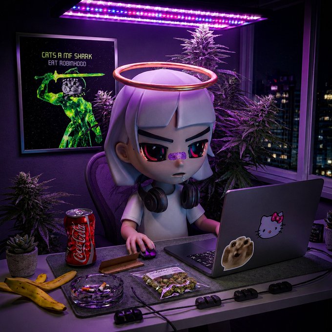 A 3D anime-style character with a halo, bandage on their nose, and headphones sits at a desk in a purple-lit room using a laptop with Hello Kitty and cat stickers, with a Coca-Cola can, snacks, cannabis plants, and a 'CATS R MF SHARK EAT ROBINHOOD' poster visible.