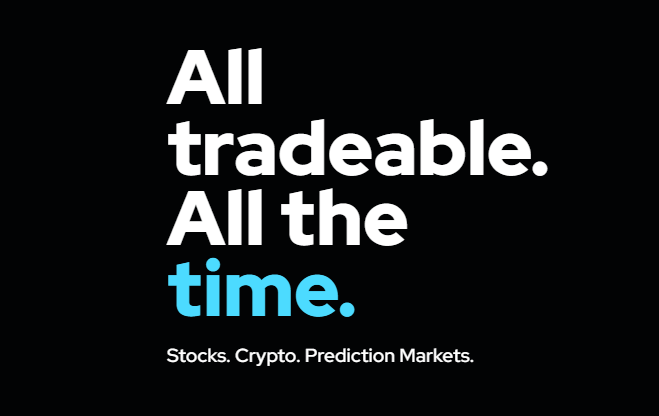 An advertisement with bold white and blue text on a black background reads 'All tradeable. All the time.' with the tagline 'Stocks. Crypto. Prediction Markets.'