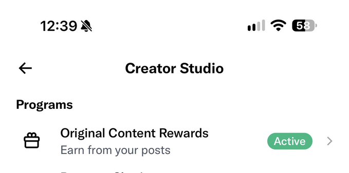 A screenshot of a mobile app shows the 'Creator Studio' page with 'Original Content Rewards' labeled as 'Active'.