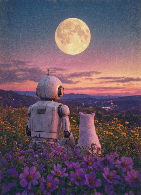 A whimsical digital artwork of a vintage robot and a white cat sitting together in a field of purple flowers, gazing at a large full moon during a vibrant sunset over distant mountains.