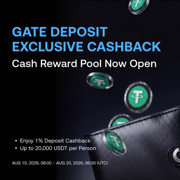 A promotional advertisement for 'GATE DEPOSIT EXCLUSIVE CASHBACK' offering 1% deposit cashback up to 20,000 USDT per person, valid from August 10-20, 2026, featuring falling green USDC tokens.