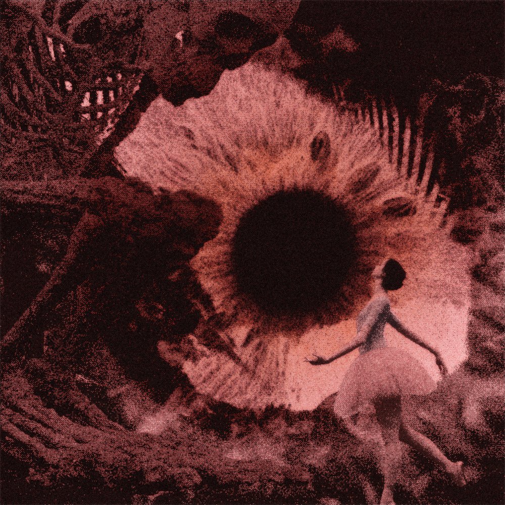The image features a woman with a large eye as its central focus, surrounded by a dark background that includes a skull and other elements of darkness. The image also contains text that reads "wow! just discovered a gift from @domvsnfts tysm for it, dear friend! really love your piece!: 2 xtz".