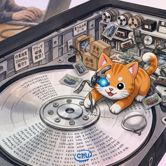 An illustrated scene showing an orange tabby cat with a mechanical arm/eye device writing on a large disc surrounded by cassettes and boxes with Japanese text, with a 'CPU' logo visible.