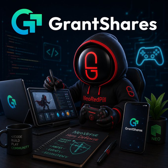 The image shows a hooded figure wearing a "NeoRedPill" sweatshirt and a mask with the "G" logo, sitting at a desk with multiple devices including a laptop, tablet displaying the NeoVerse character, game controller, smartphone, and a notebook labeled "NeoVerse Hero Defense" with categories like Heroes, Maps, NFTs, Charms, Events, and Ecosystem, alongside a coffee mug reading "</code BUILD PLAY COMMUNITY" — all representing the GrantShares promotional announcement for the community-driven NeoVerse: Hero Defense mobile game.
