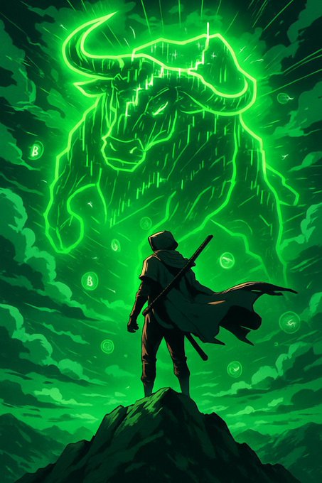 A cloaked warrior with a sword stands on a rocky peak, facing a massive, glowing green bull formed from lightning in a stormy sky.