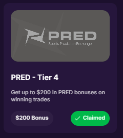 A promotional graphic for PRED (Predict) featuring a dark background with the logo and tagline 'Sports made easy for everyone.' It announces 'PRED - Tier 4' with the offer 'Get up to $200 in PRED bonuses on winning trades,' displaying a '$200 Bonus' badge and a green 'Claimed' button.
