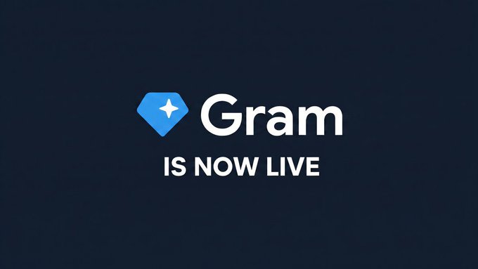 The image features a logo for Gram that has been updated with new text. The original logo had the name "Gram" written in white, but now it reads "Gram is now live." Additionally, the token LOGO was replaced by a diamond shape, which is commonly associated with diamonds and gemstones. This change in the logo design reflects the recent update of the Gram token, indicating that the token has been updated to reflect its current status as being now live.