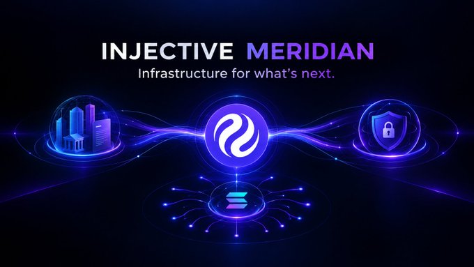 A digital marketing graphic for 'INJECTIVE MERIDIAN' with the tagline 'Infrastructure for what's next,' featuring glowing purple icons of a city, a stylized logo, a shield, and connected nodes against a dark background.