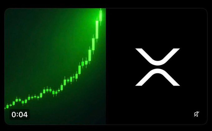 A split image showing a green candlestick chart with an upward trend on the left and the white XRP (XRP/Ripple) logo on a black background on the right, with a timestamp of 0:04.